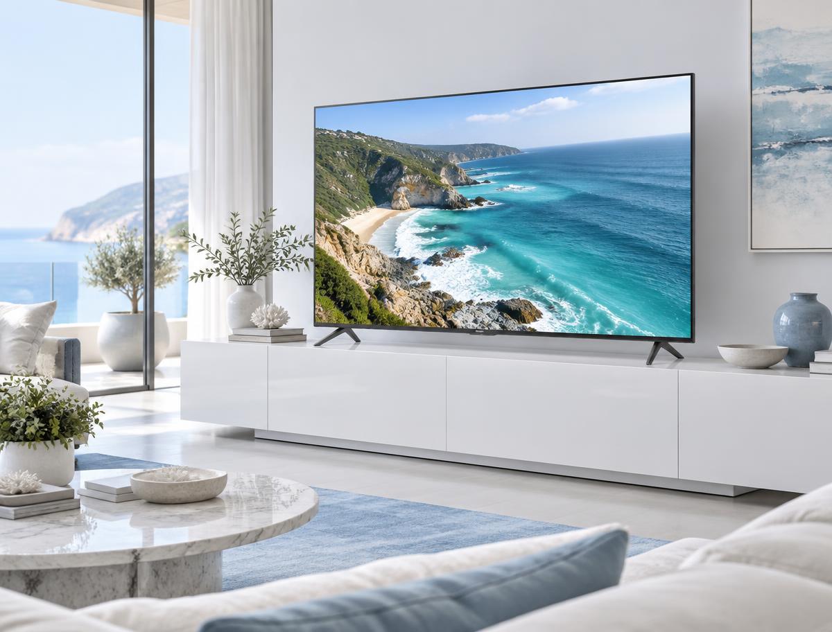 Large LED television displaying a coastline in a bright modern living room